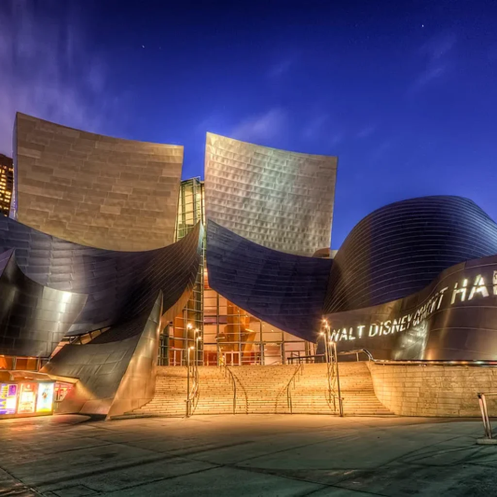 Evening street view of Walt Disney Concert Hall