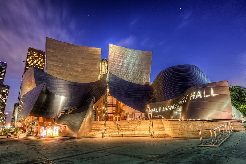 Evening street view of Walt Disney Concert Hall